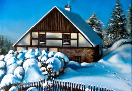 Zasněžený dům, obraz podle fotky - 40x50 cm - Akryl a olej na plátně